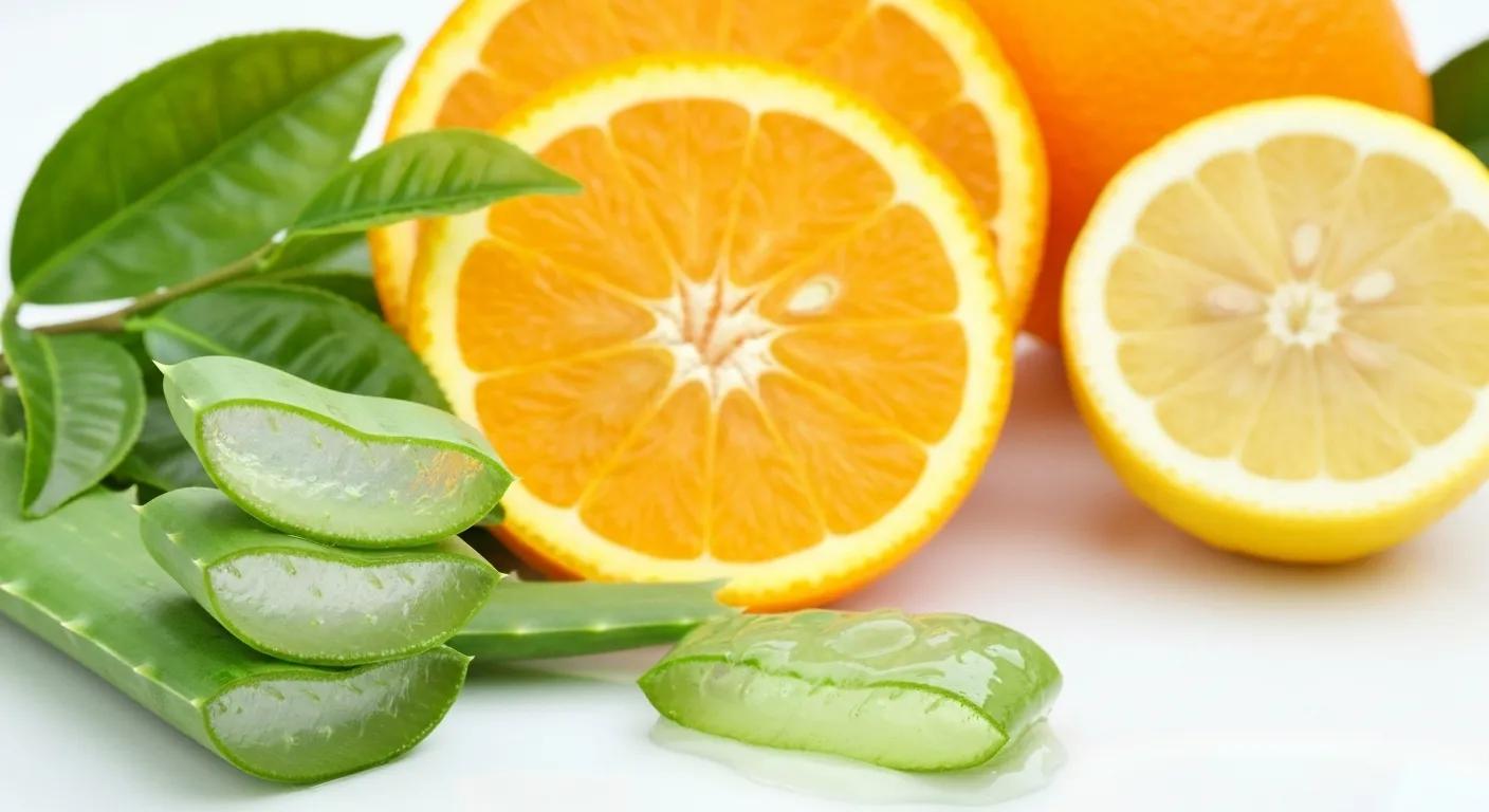 Fresh natural ingredients for organic skincare, including aloe vera, green tea, and citrus fruits, highlighting their effectiveness in skincare formulations