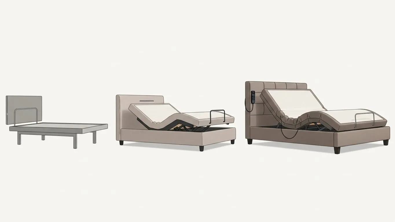 Adjustable bed bases showcasing three models: a basic frame, a mid-range adjustable base with head and foot movement, and a high-end model with advanced features like remote control and ergonomic design.
