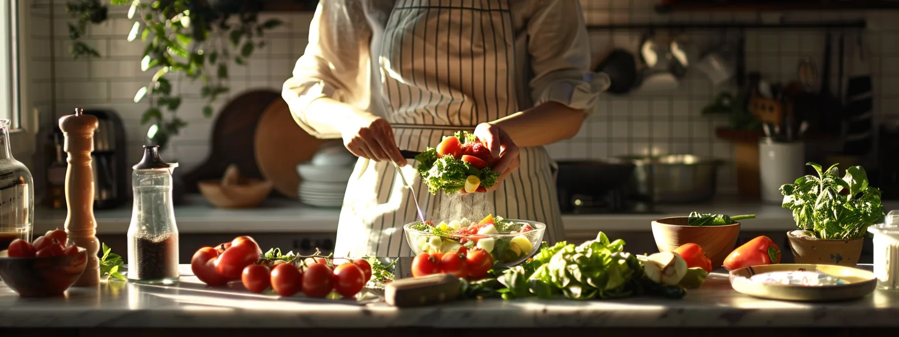 a person preparing a colorful and nutritious salad with fresh ingredients in a well-organized kitchen.