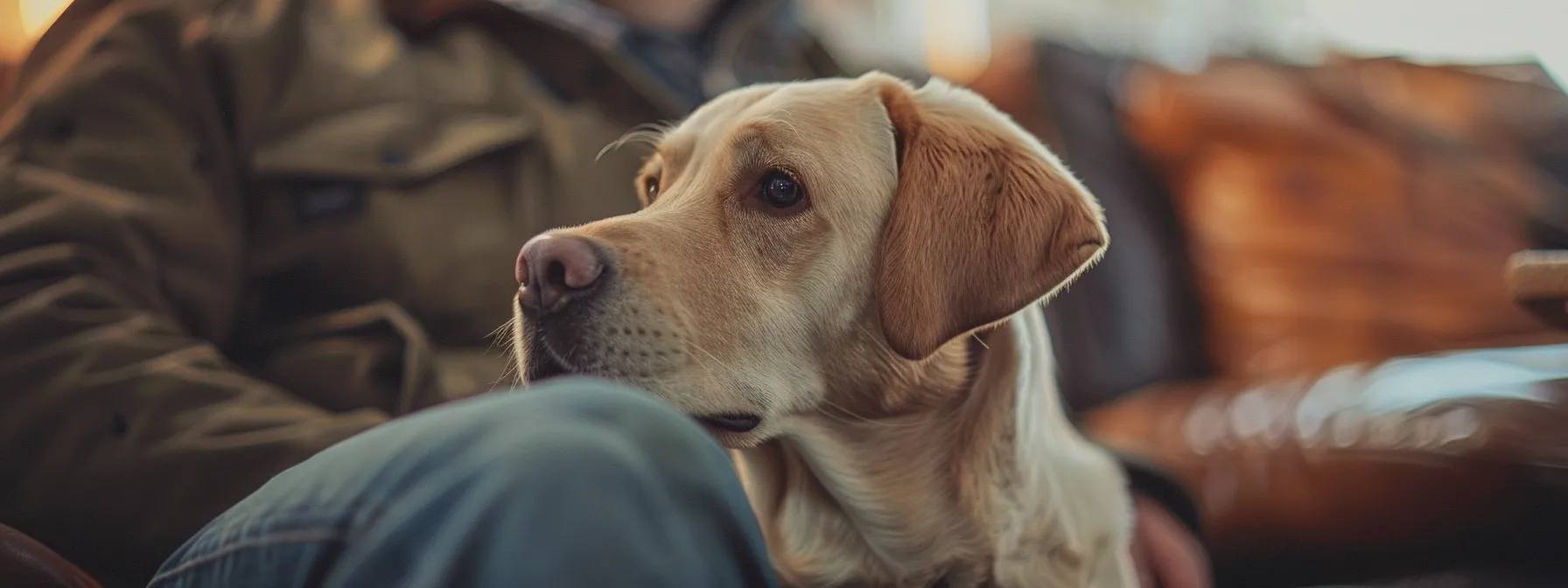 a dog is sitting attentively in front of its trainer.