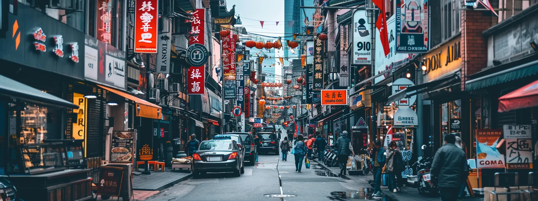 a bustling city street lined with various storefronts, each displaying prominent signage and flags, showcasing the importance of local visibility for large-scale enterprises in local seo.