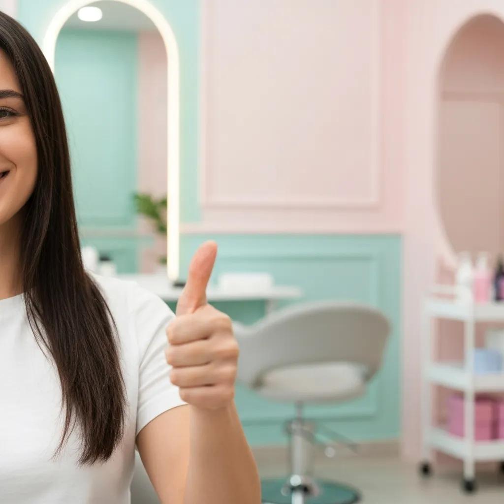 A delighted client giving a positive gesture after a successful waxing session at a clean and professional salon