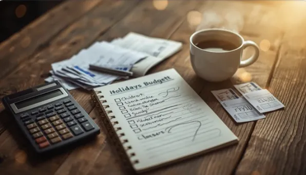 Holiday budgeting setup with a notebook, calculator, receipts, and coffee arranged on a wooden table. Holiday budgeting setup with a notebook, calculator, receipts, and coffee arranged on a wooden table.