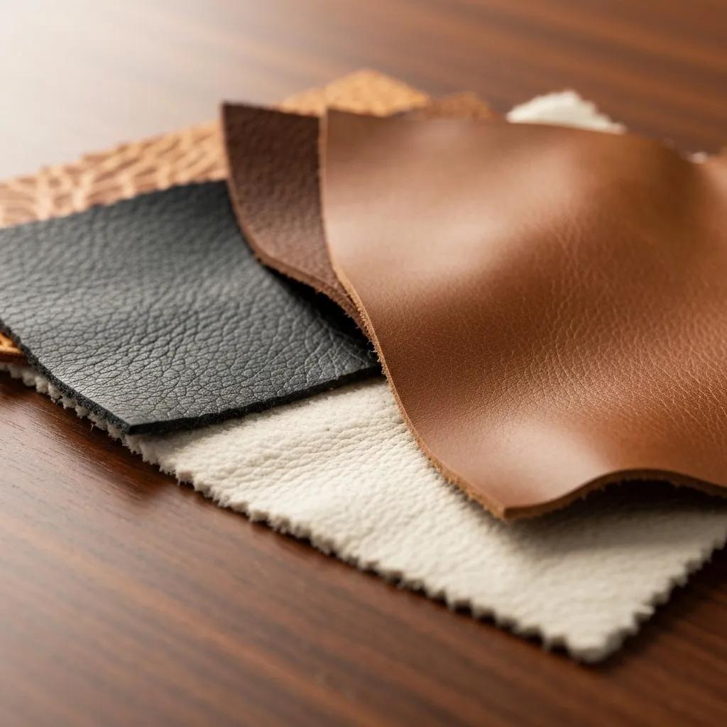Close-up of leather swatches including full-grain, top-grain, and lambskin showcasing texture and quality