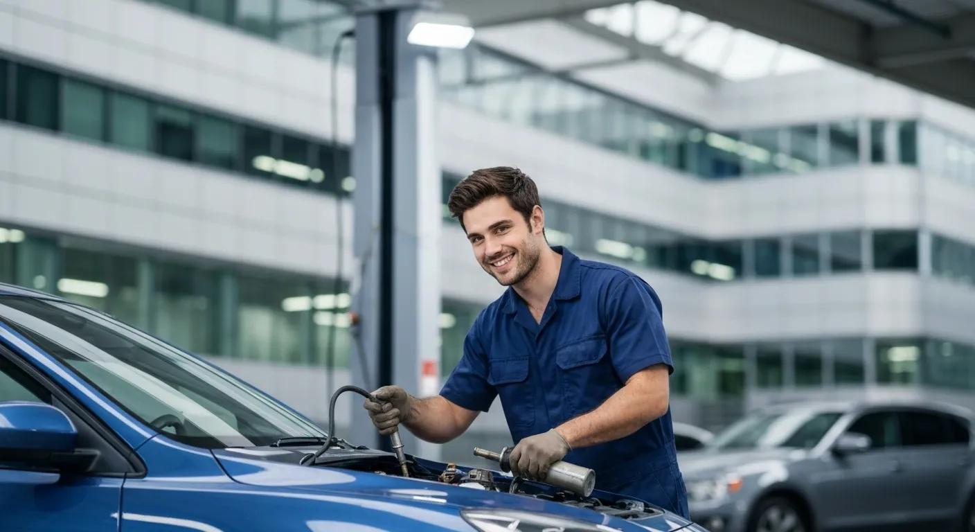 Mobile mechanic conducting an oil change in a busy office car park, illustrating the convenience and efficiency of on-site car servicing