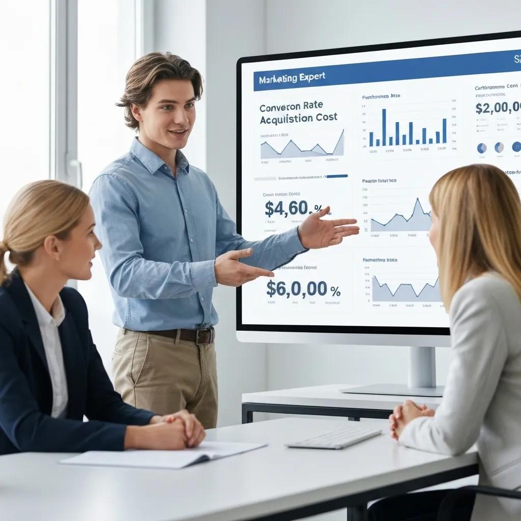 Marketing expert presenting campaign success metrics to a client, highlighting industry expertise