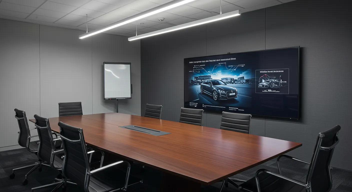 a sleek, modern conference room with a polished table and high-backed chairs, showcasing a digital presentation on corporate car service options, conveying a sense of professionalism and decision-making. a sleek, modern conference room with a polished table and high-backed chairs, showcasing a digital presentation on corporate car service options, conveying a sense of professionalism and decision-making.