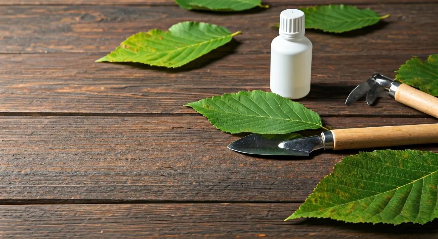 Close-up of diseased tree leaves with treatment tools, highlighting summer tree disease management