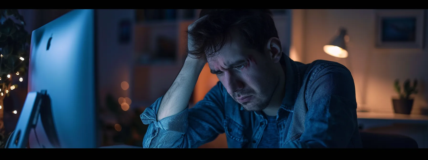 a person in distress looking at a computer screen showing private content being leaked.