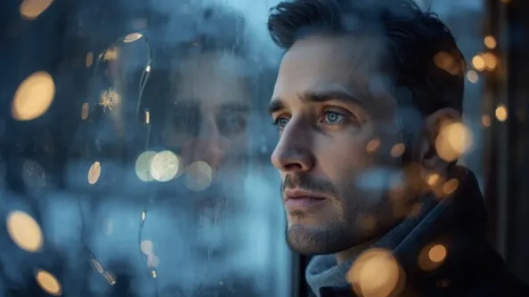 Man standing by a frosty window looking at winter lights, reflecting feelings of loneliness during the holidays. Man standing by a frosty window looking at winter lights, reflecting feelings of loneliness during the holidays.