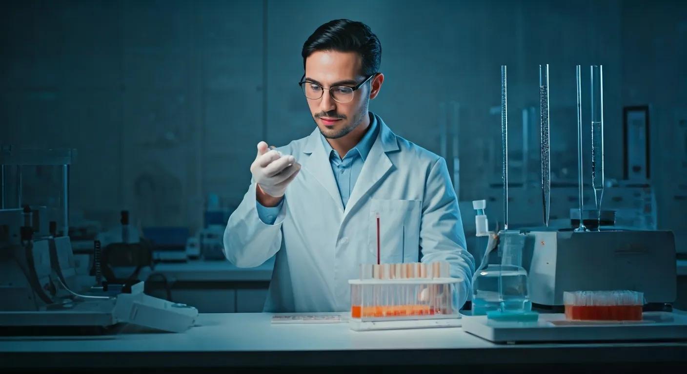 a modern laboratory setting filled with sleek equipment showcases a confident researcher analyzing vibrant hair samples, symbolizing the hormonal influence of ibutamoren on follicle rejuvenation and hair health.