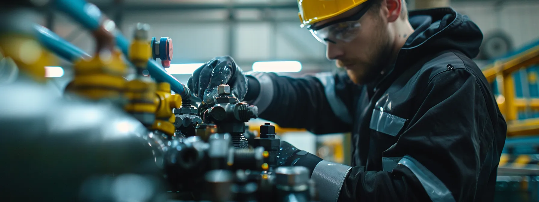 a mechanic inspecting and cleaning zerk fittings on a piece of machinery.