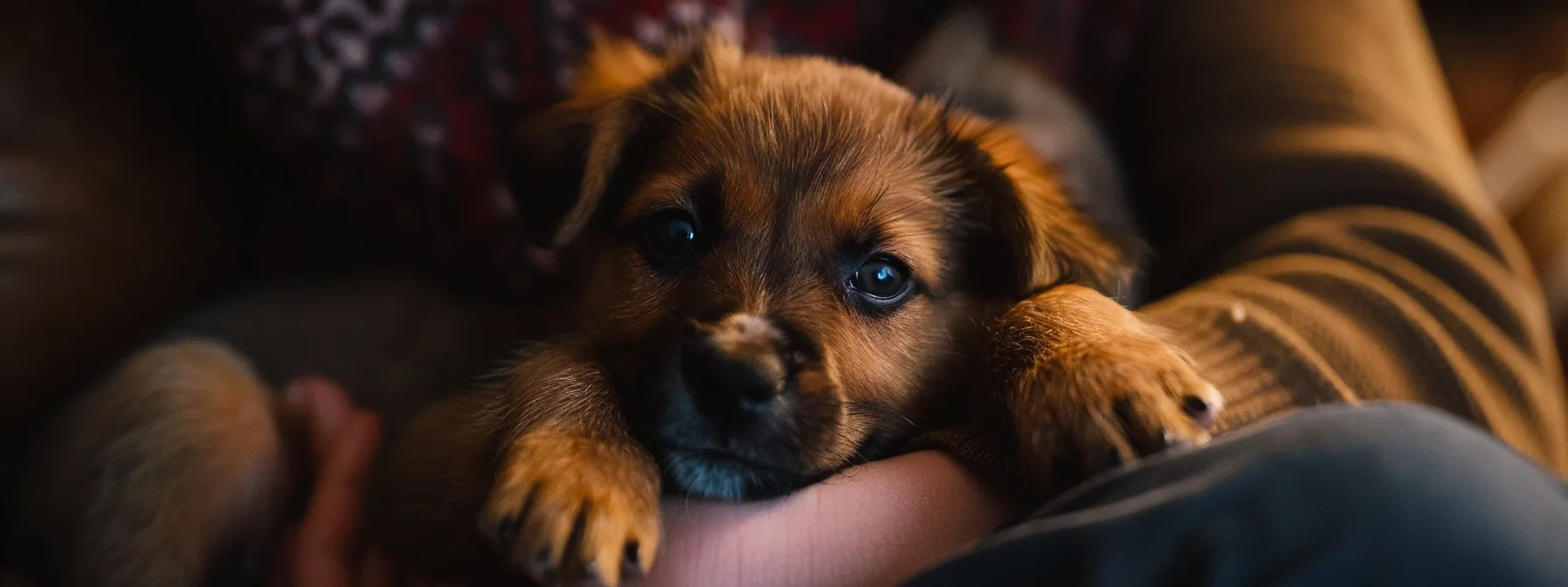 a person gently comforting a nervous puppy in a new social situation.