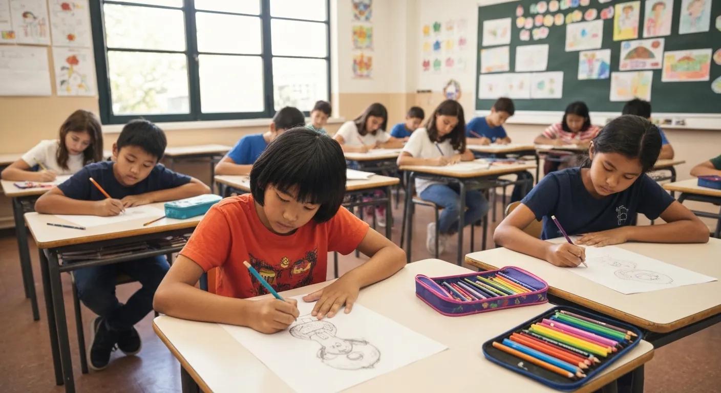 Young students aged 7-11 enthusiastically engaged in a drawing class, demonstrating creativity and skill development
