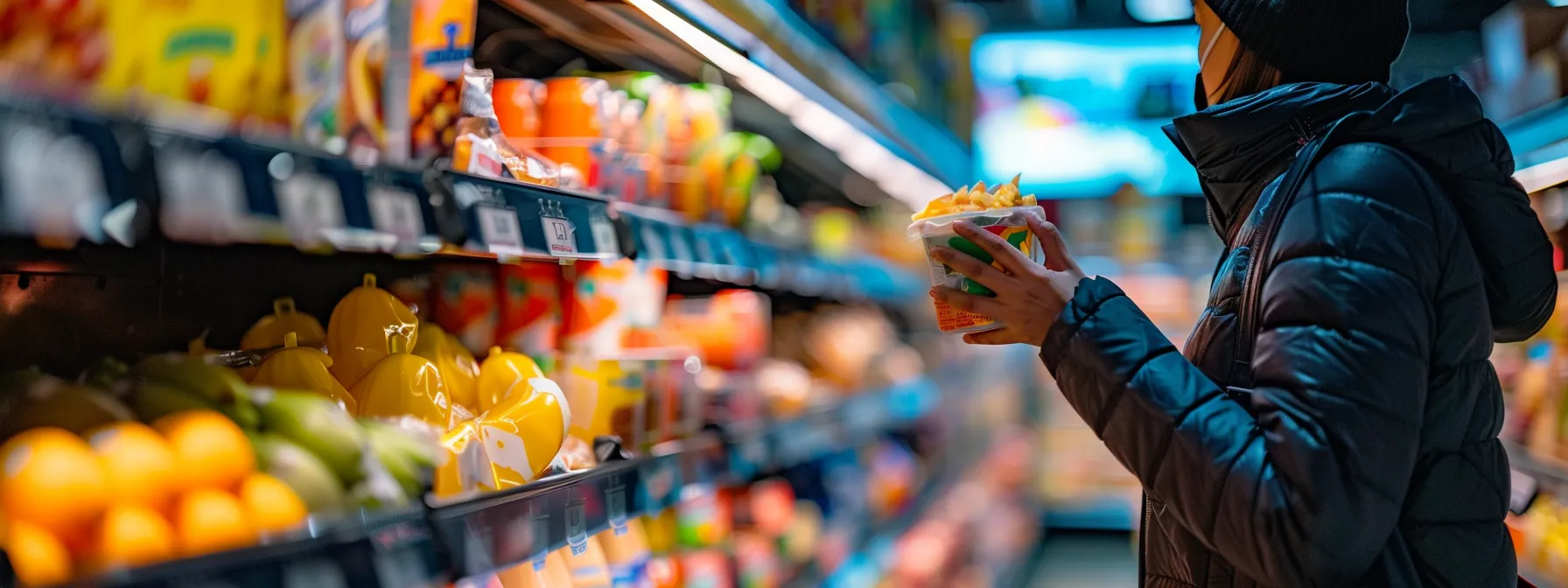 a person carefully selecting foods at a grocery store, focusing on nutritional balance for muscle growth and sustained energy.