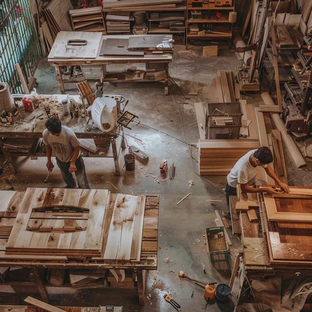Artisans crafting custom furniture with eco-friendly materials in a sustainable workshop setting