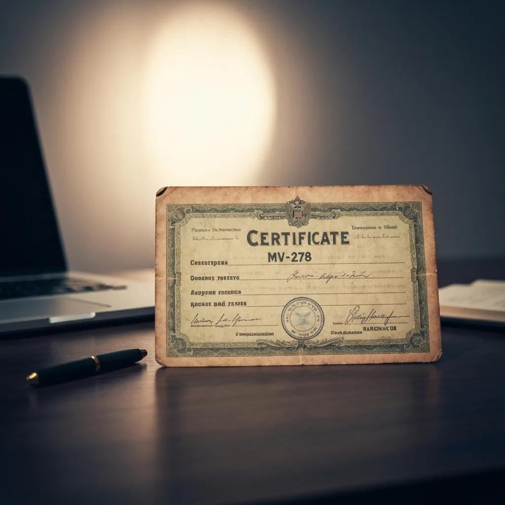 A close-up shot of the MV-278 certificate resting on a desk, symbolizing the successful completion of a driving course