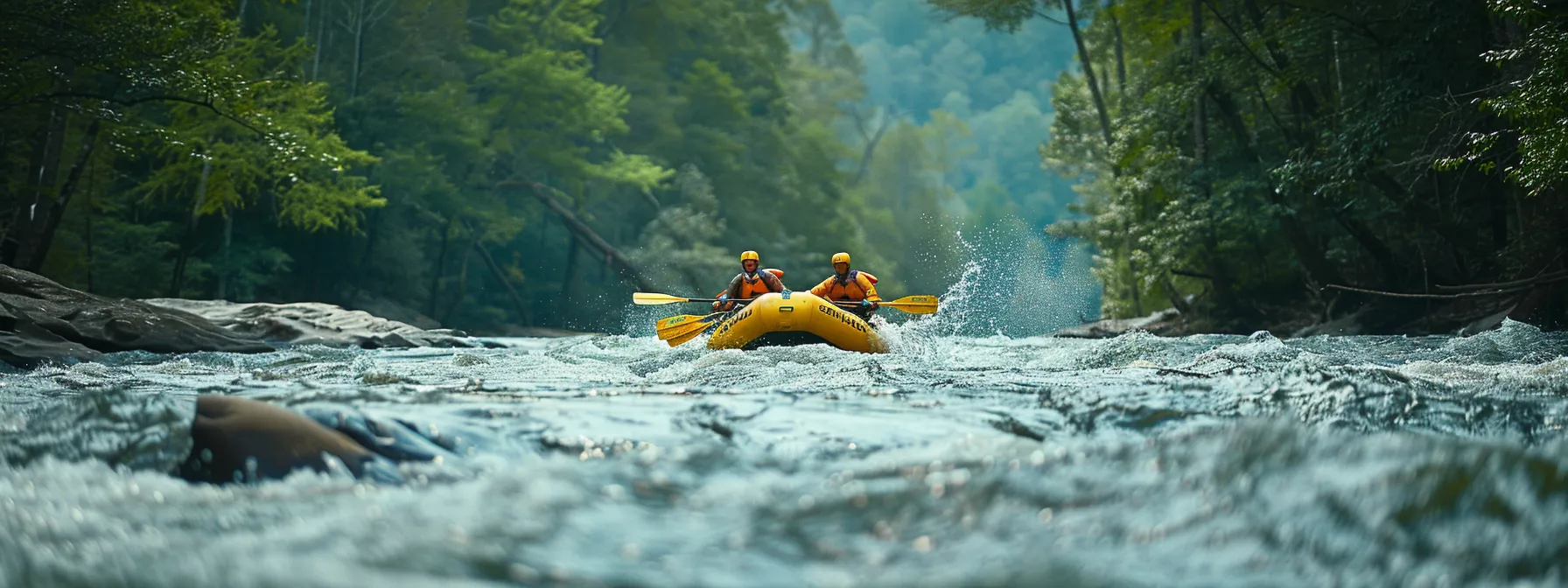 white water rafting through moderate currents and waves on the middle ocoee river.