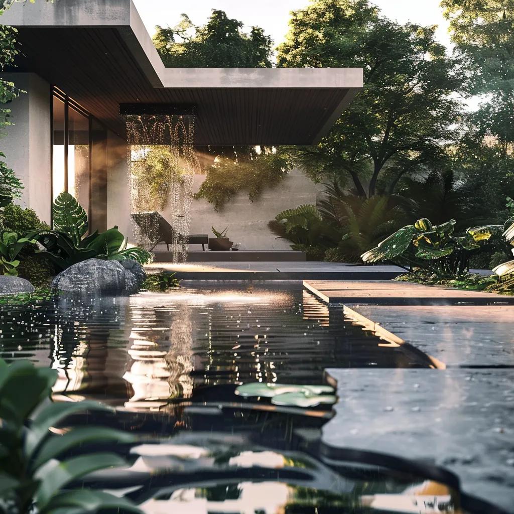 Modern waterfall and reflecting pond in a tranquil backyard setting