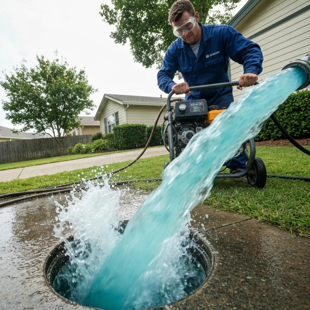 Technician using hydro-jetting machine to clean a drain, demonstrating the effectiveness of high-pressure water cleaning Technician using hydro-jetting machine to clean a drain, demonstrating the effectiveness of high-pressure water cleaning