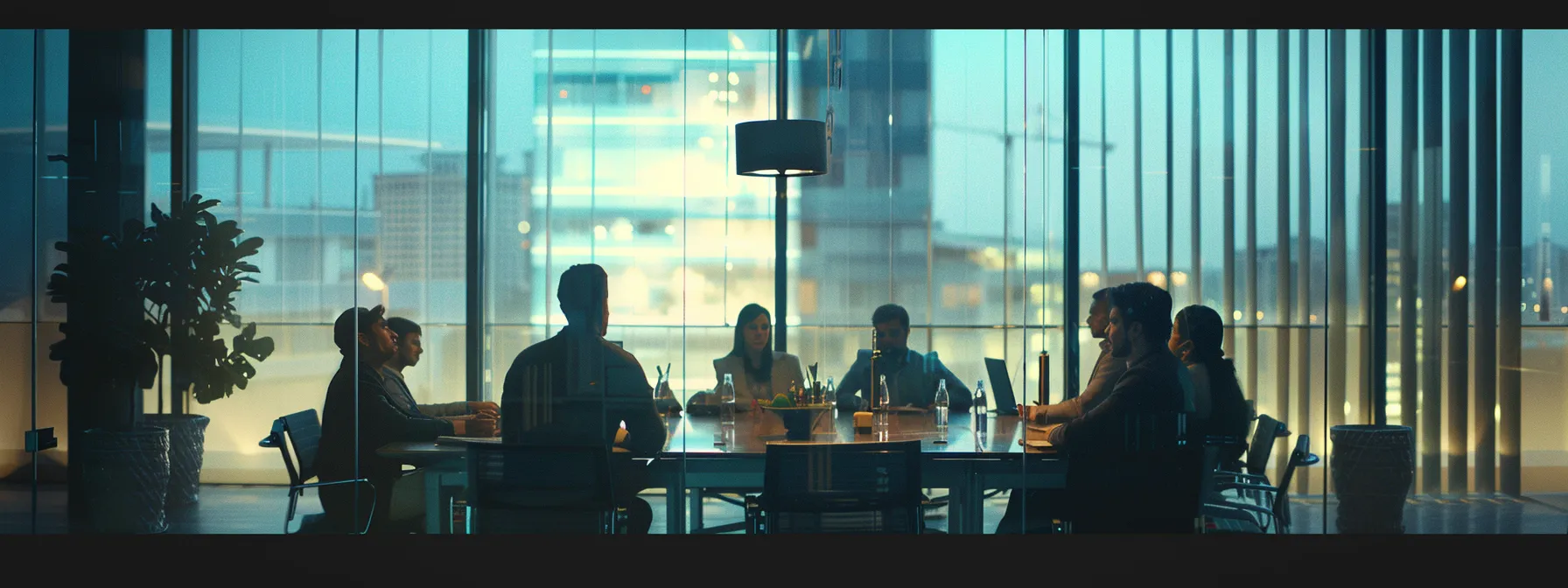 a group of employees around a conference table discussing insurance policies.