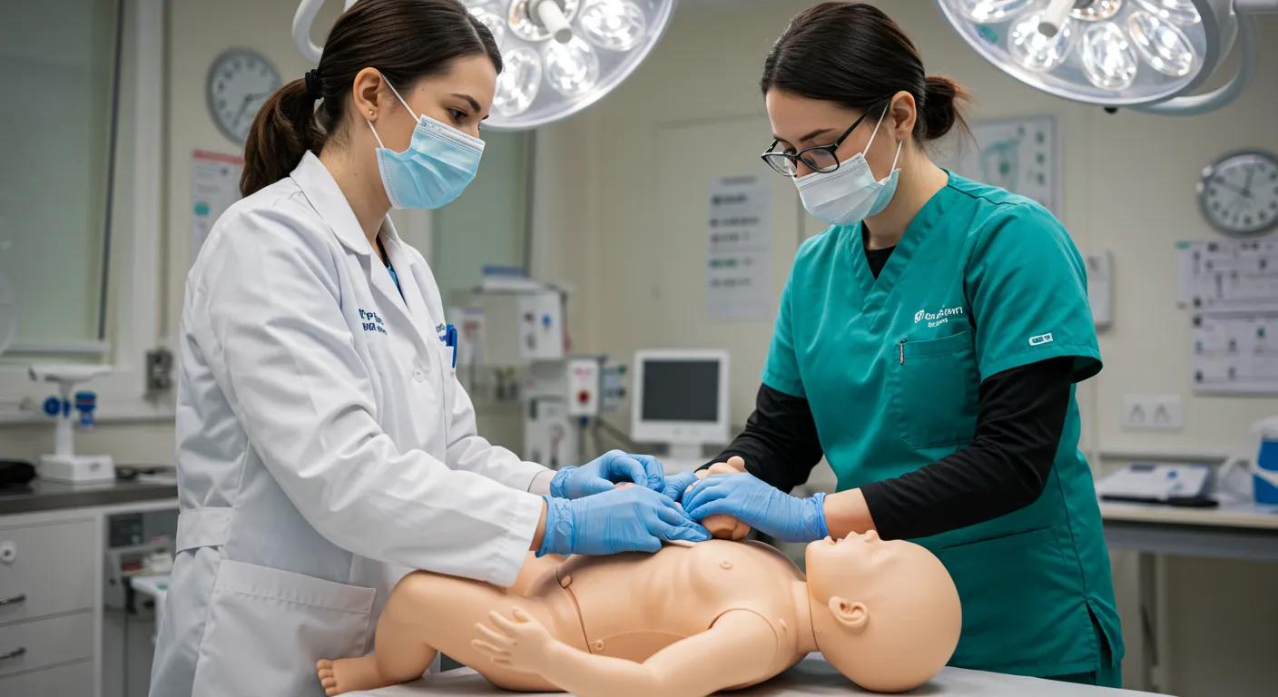 a focused and educational scene depicting a trained healthcare professional demonstrating infant choking first aid techniques in a brightly lit, modern medical training facility, highlighting the contrasting methods of back blows and chest thrusts on a medical dummy. a focused and educational scene depicting a trained healthcare professional demonstrating infant choking first aid techniques in a brightly lit, modern medical training facility, highlighting the contrasting methods of back blows and chest thrusts on a medical dummy.