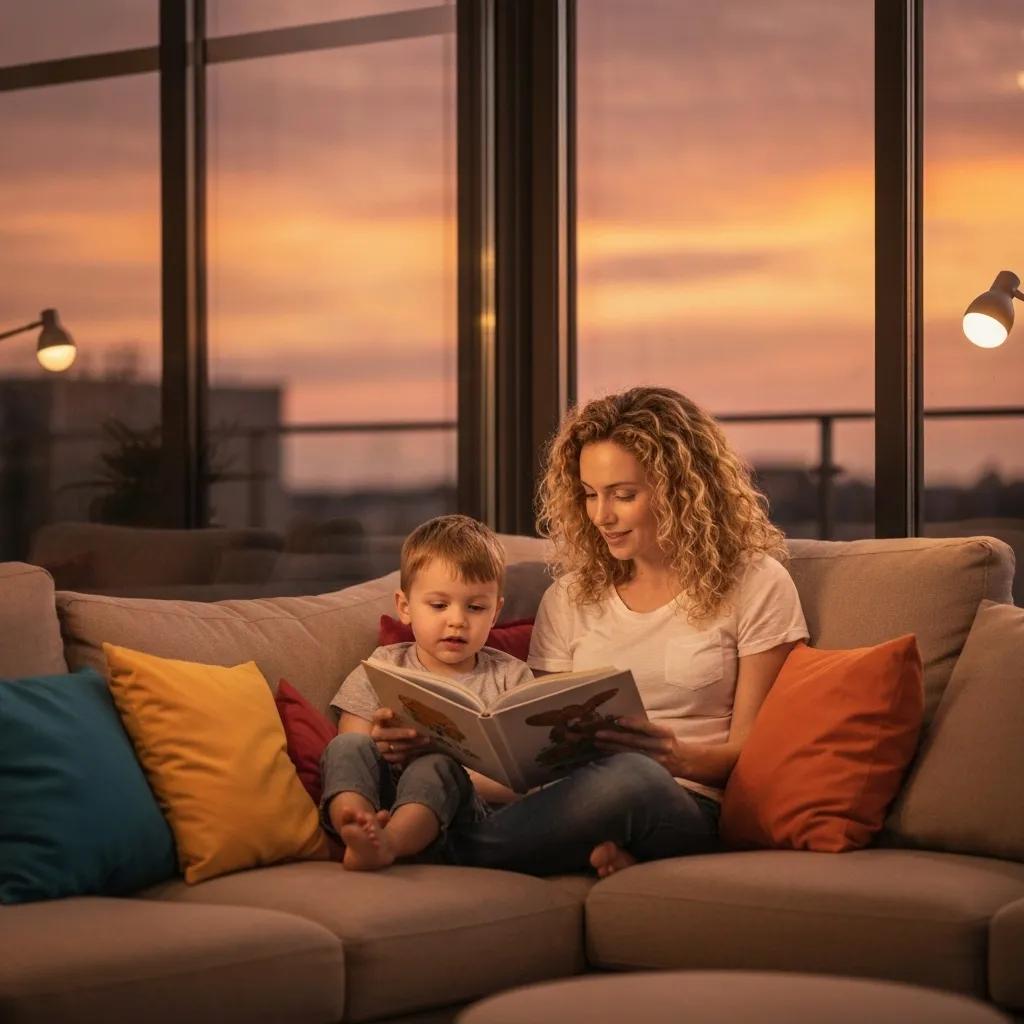 Parent and child reading together in a cozy living room, symbolizing support in child behavior assessment
