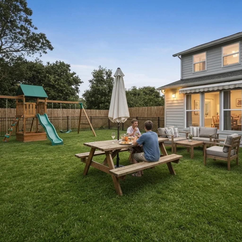 A spacious family-friendly vacation rental in Rockport featuring a backyard playset and a welcoming picnic area