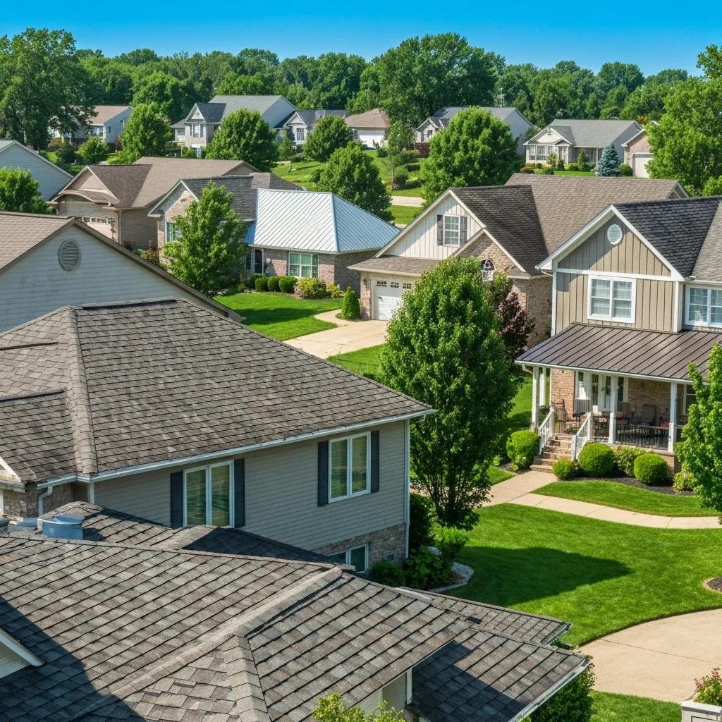 Diverse residential roofing styles in a St. Louis neighborhood showcasing asphalt, metal, and tile roofs Diverse residential roofing styles in a St. Louis neighborhood showcasing asphalt, metal, and tile roofs