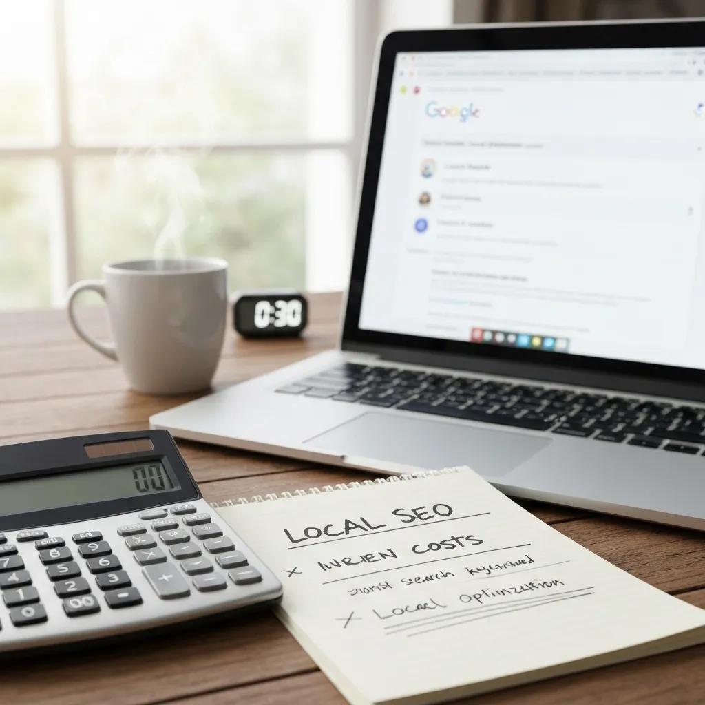 Calculator and notepad detailing average local SEO costs for small businesses