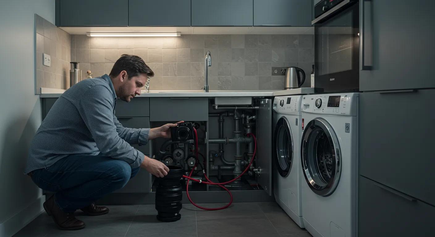 a well-lit, modern kitchen showcases a person conducting a thorough inspection of gleaming plumbing fixtures and appliances, highlighting potential leaks under a sleek sink and checking the connections on a high-tech washing machine, all set against a backdrop of contemporary design. a well-lit, modern kitchen showcases a person conducting a thorough inspection of gleaming plumbing fixtures and appliances, highlighting potential leaks under a sleek sink and checking the connections on a high-tech washing machine, all set against a backdrop of contemporary design.