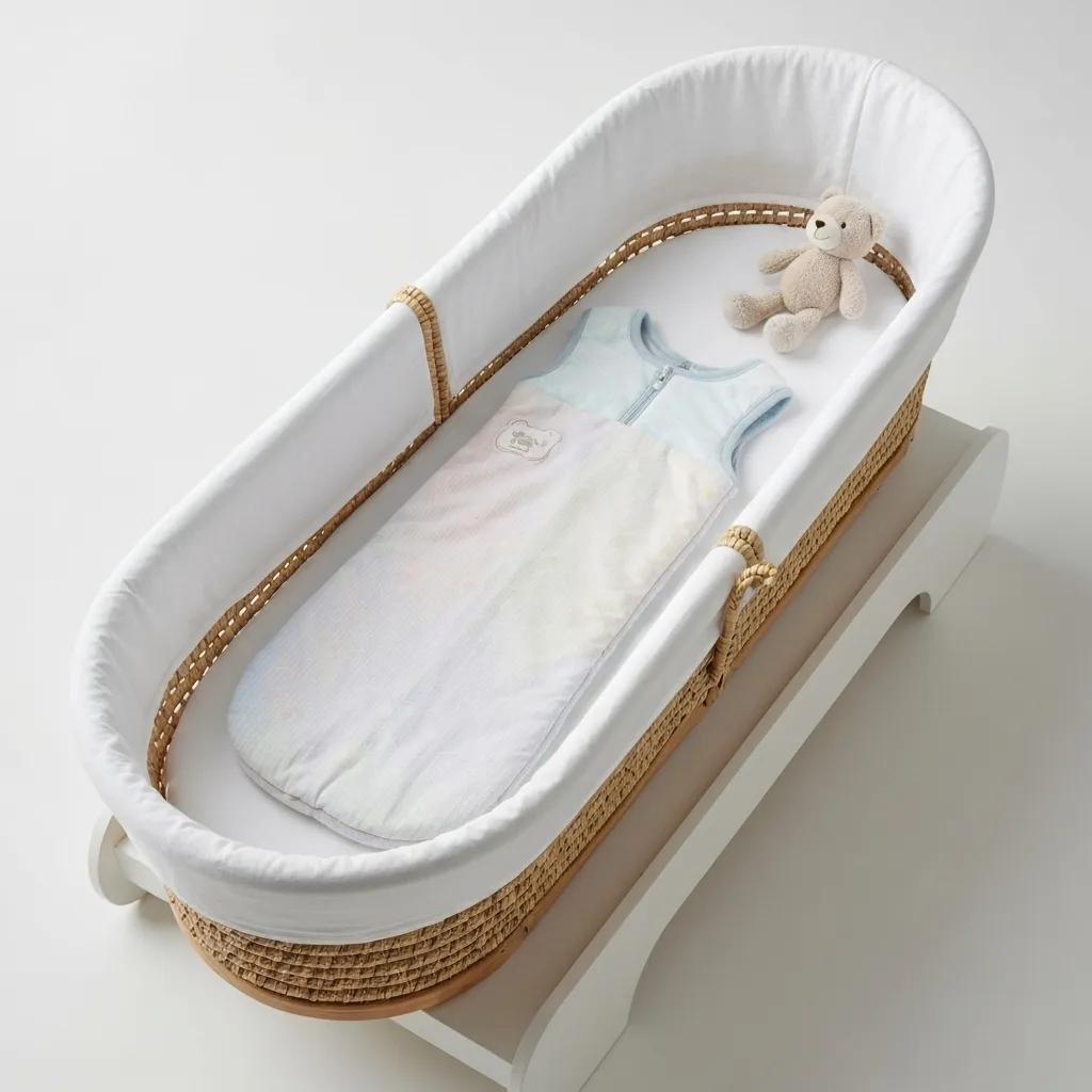 Moses basket with safety guidelines, featuring a firm mattress and clear sleep environment