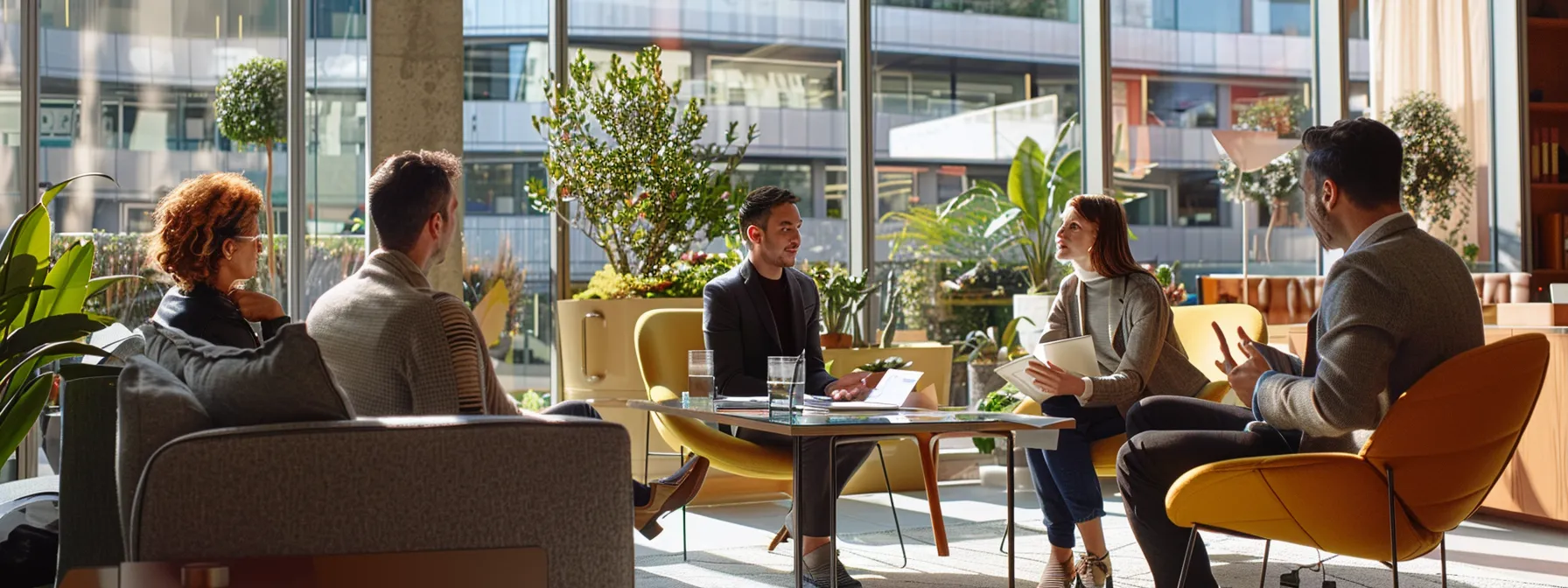 a group of people discussing digital privacy protections in a modern office setting.