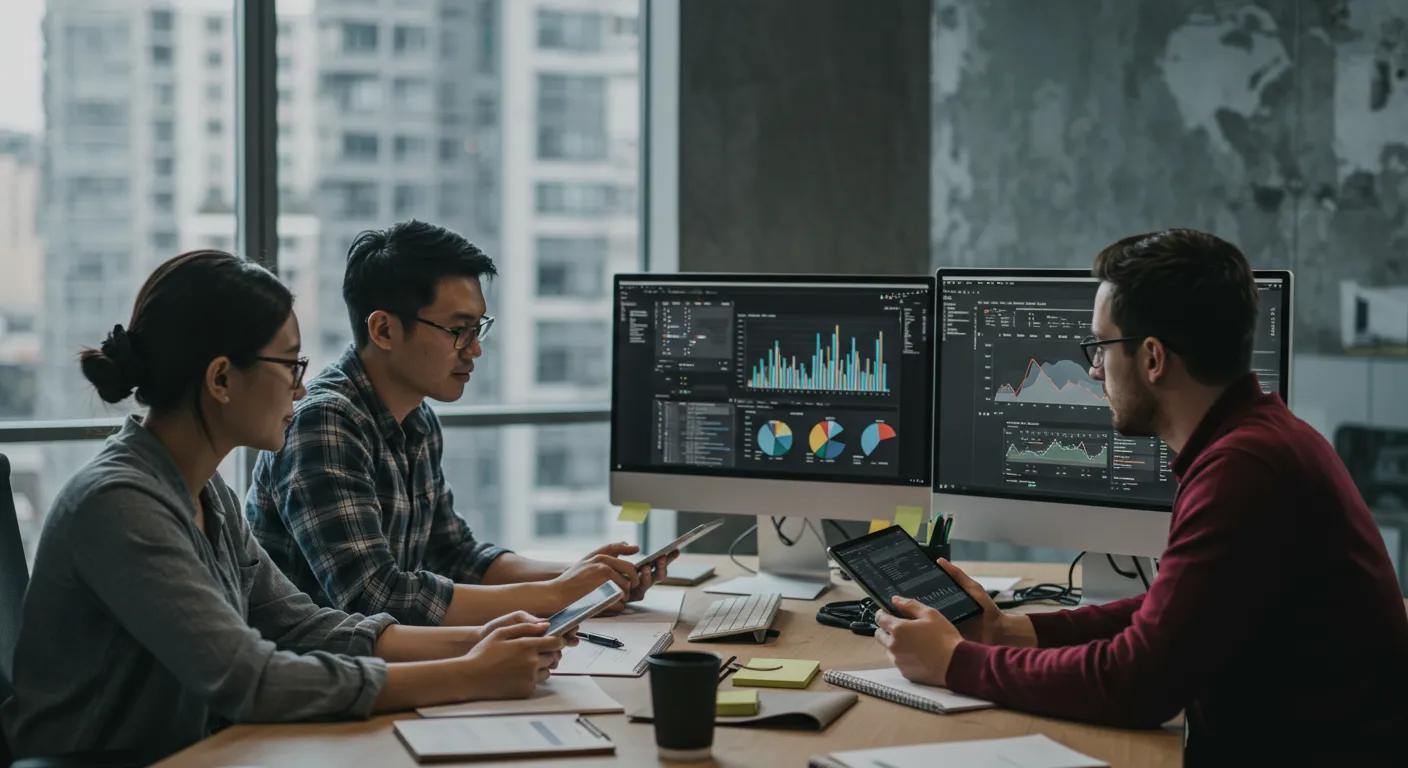 a dynamic office environment showcases a focused team collaborating over digital devices, analyzing seo performance charts and graphs on sleek screens, emphasizing strategic planning and local market engagement for olympia wa companies.