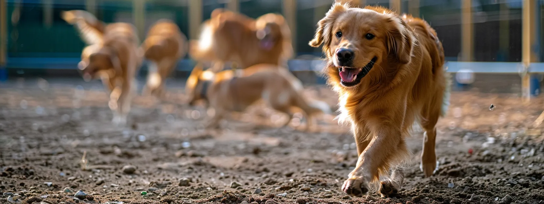 a dog happily playing with other dogs in a spacious and well-equipped boarding facility.