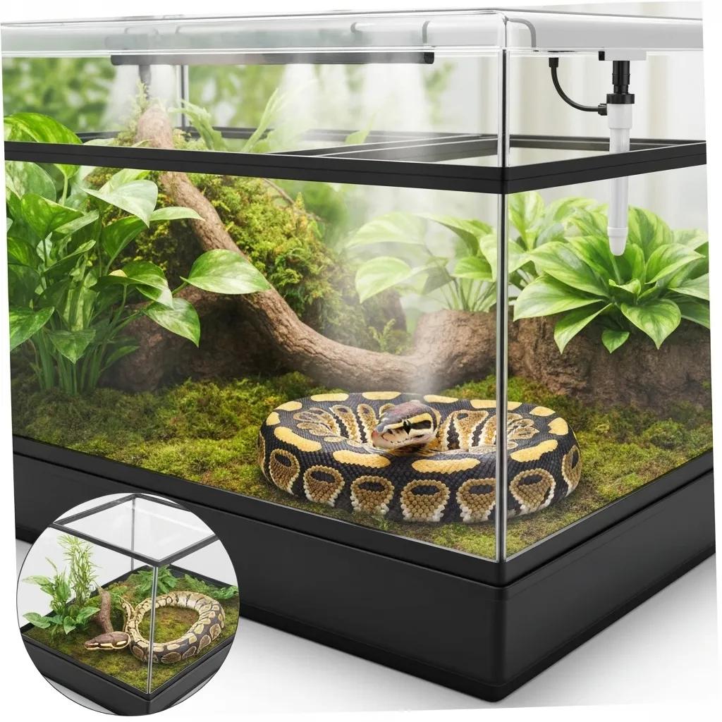 Modern PVC reptile cage with a ball python and humidity-friendly features showcasing durability and ease of maintenance