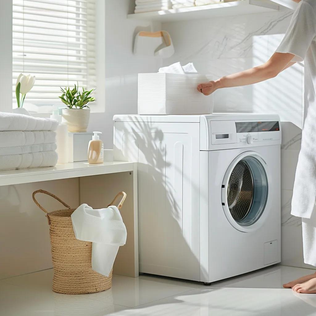 Person using laundry detergent sheets in a modern laundry room, highlighting convenience and eco-friendliness