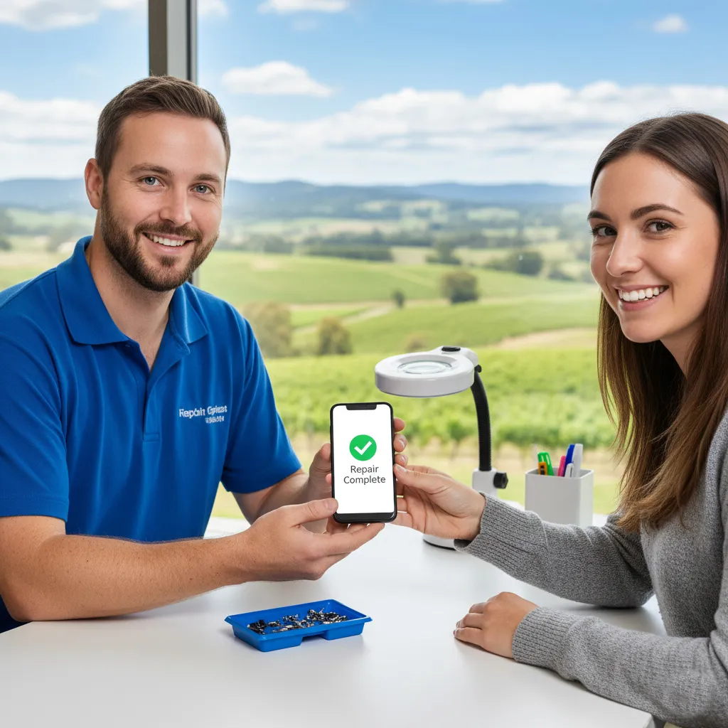 Technician and customer smiling, holding smartphone displaying "Repair Complete" message, with phone repair tools and scenic landscape in background, emphasizing affordable phone repairs in Griffith.