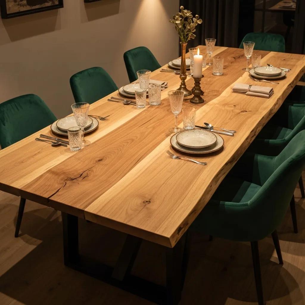 Custom timber dining table with a natural live edge, showcased in an elegant dining room setting