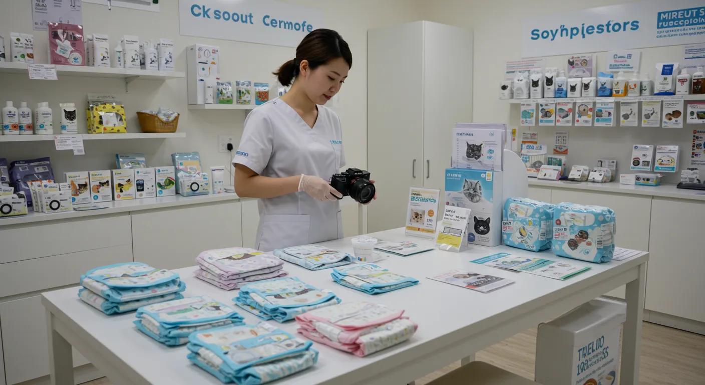 a bright and organized pet care clinic features a display of neatly arranged cat diapers, showcasing various types while an attentive staff member demonstrates maintenance techniques at a sleek, modern table. a bright and organized pet care clinic features a display of neatly arranged cat diapers, showcasing various types while an attentive staff member demonstrates maintenance techniques at a sleek, modern table.