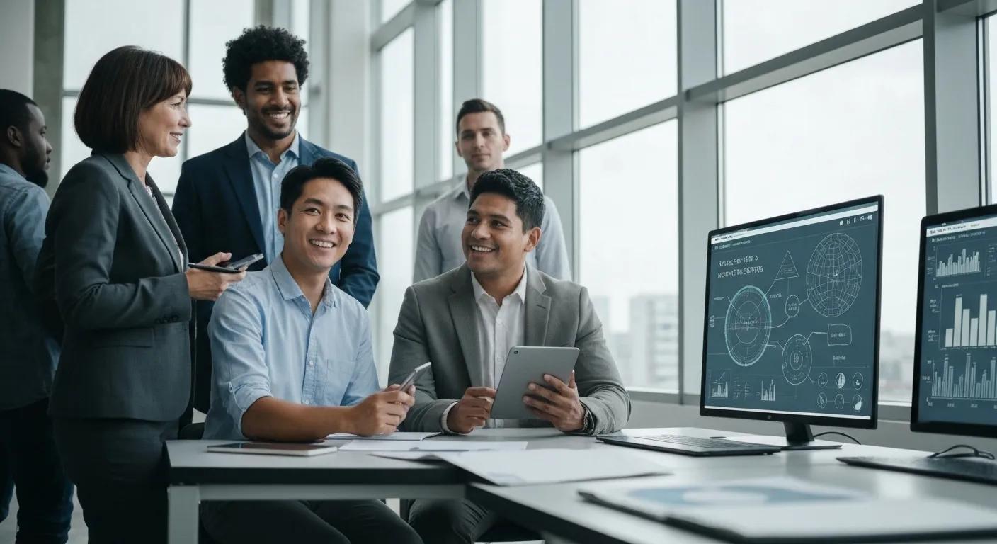 Diverse professionals collaborating in a modern office, emphasizing AI solutions for business productivity Diverse professionals collaborating in a modern office, emphasizing AI solutions for business productivity