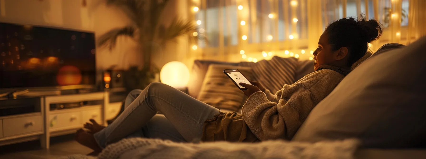 a person sitting on a couch, adjusting the settings of their smart home devices with a smartphone.