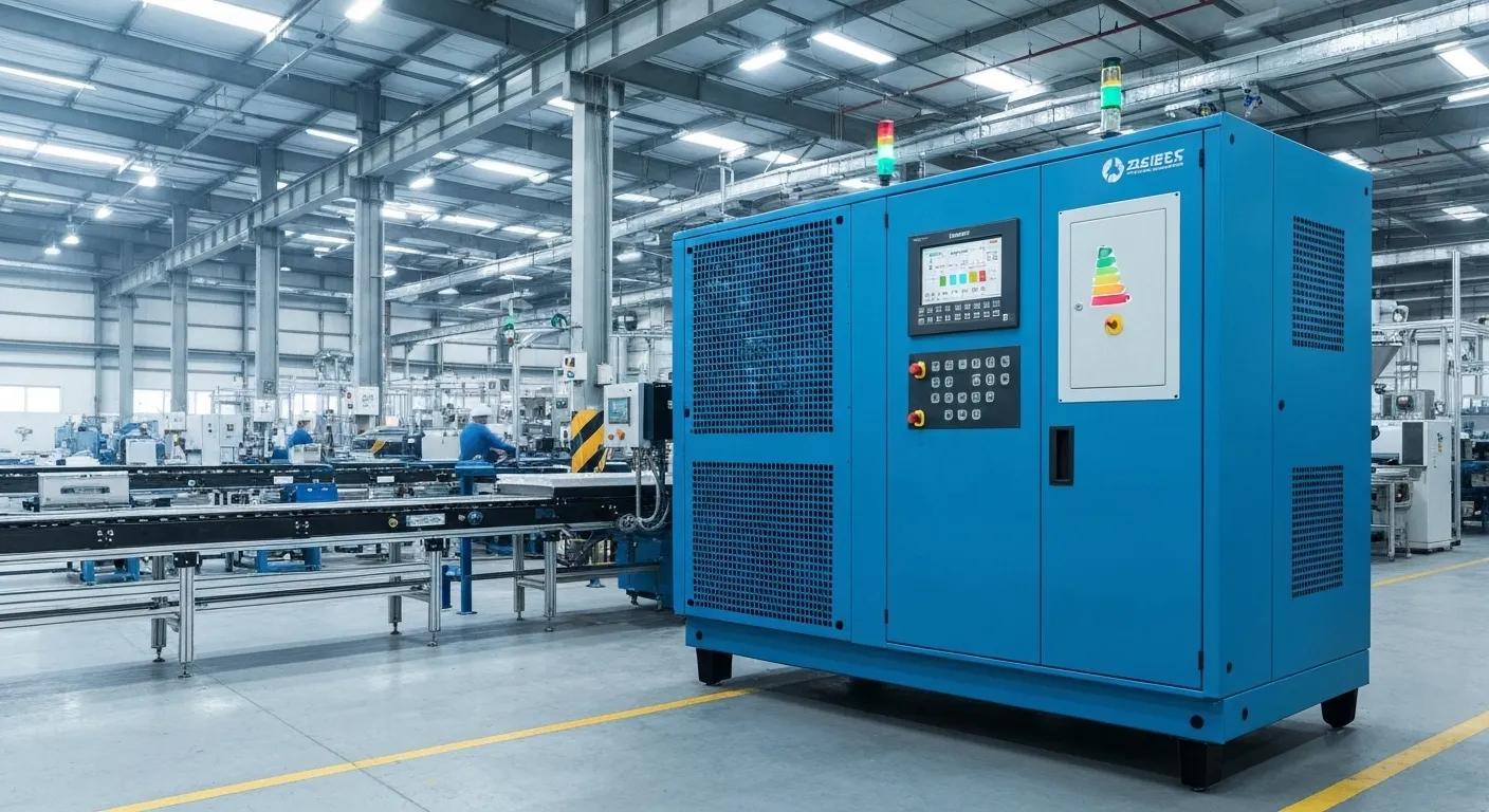 High-efficiency air compressor in an industrial setting showcasing energy-saving features