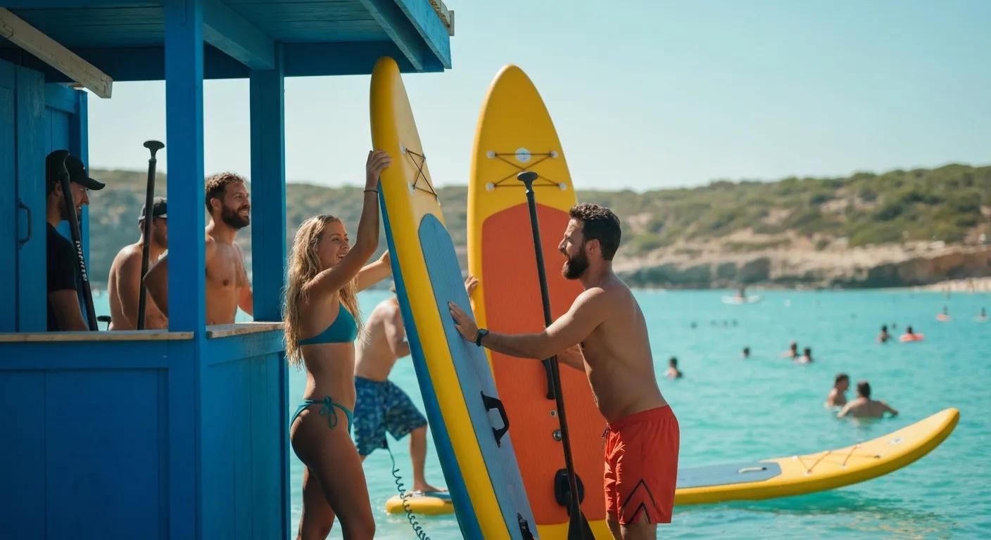 people picking up paddleboards they have rented from a rental company