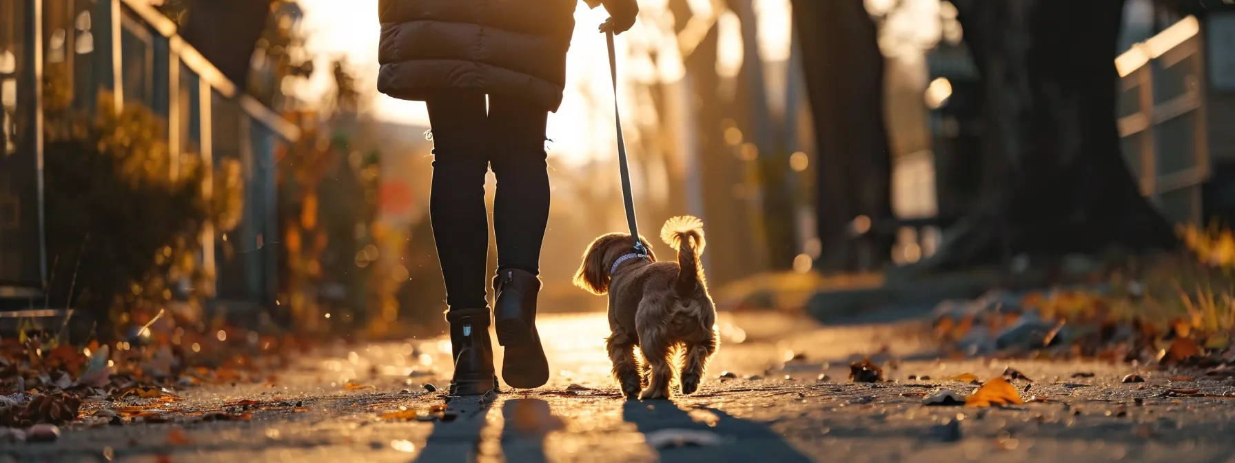 a person adjusting a leash while walking a dog.