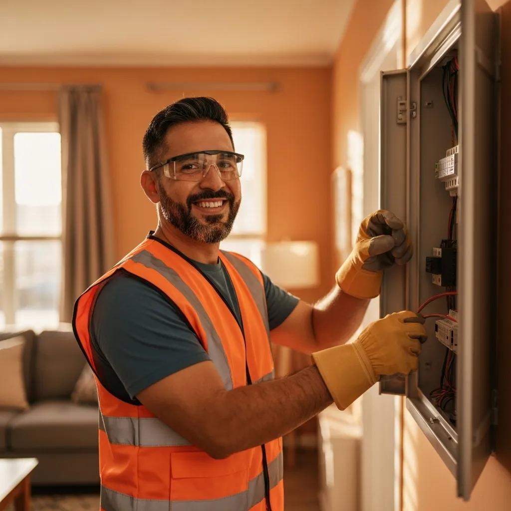 A friendly, professional electrician in Birmingham working diligently on a home's electrical panel, building trust and confidence