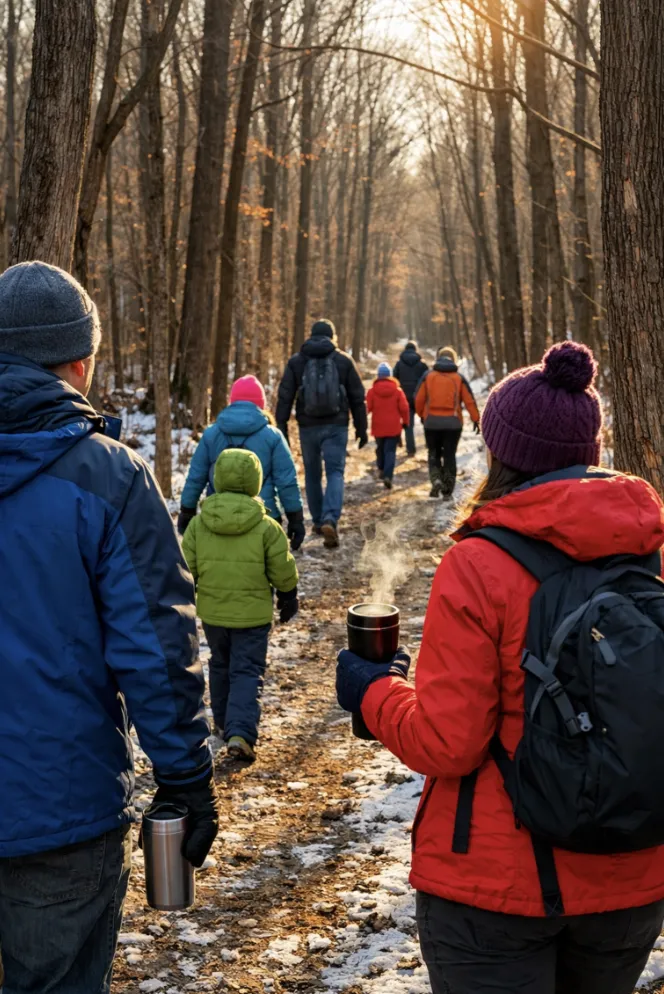 Families winter hiking on snowy trails at Prince William Forest Park