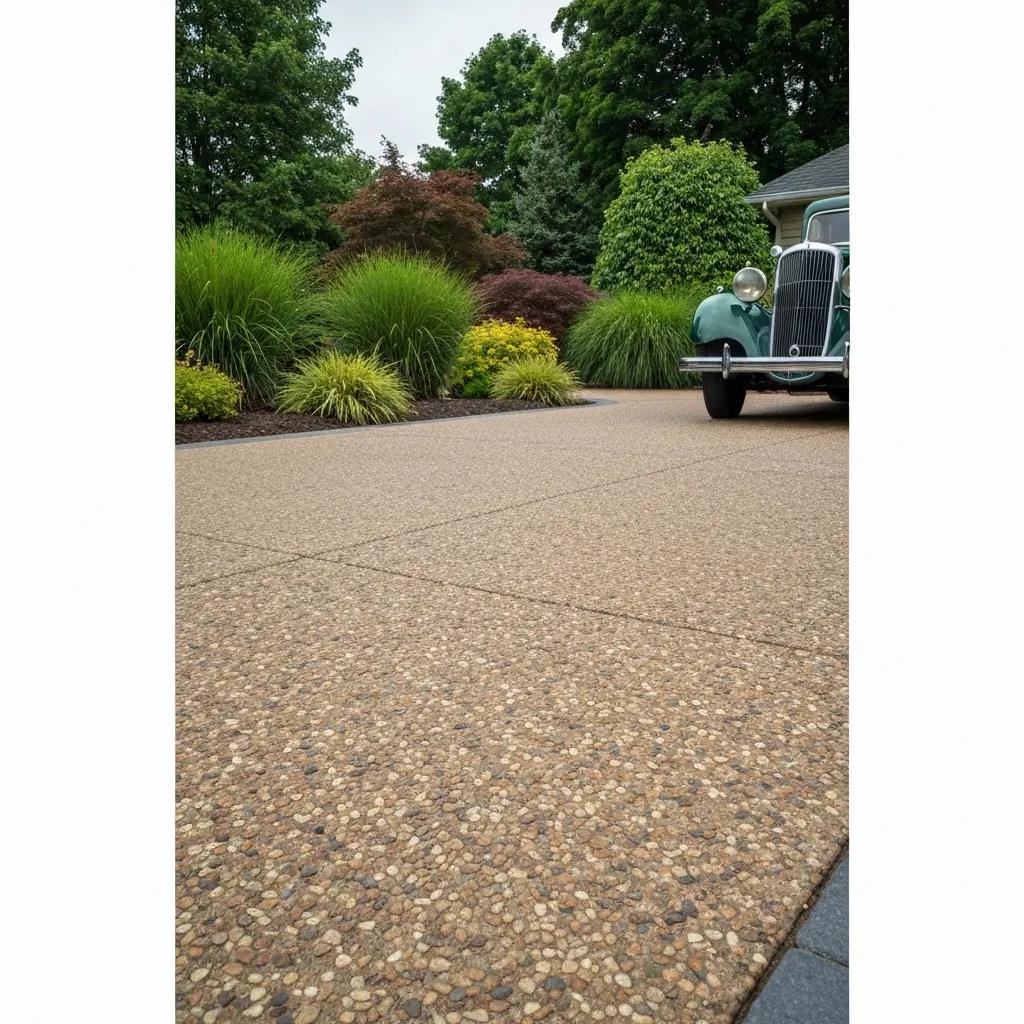 An exposed aggregate concrete driveway showcasing unique stone textures and colours in a residential setting