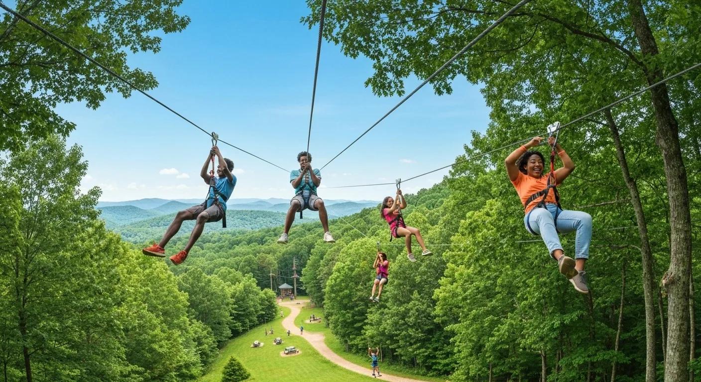 Families enjoying ziplining at a park in Blue Ridge, highlighting family-friendly outdoor activities Families enjoying ziplining at a park in Blue Ridge, highlighting family-friendly outdoor activities