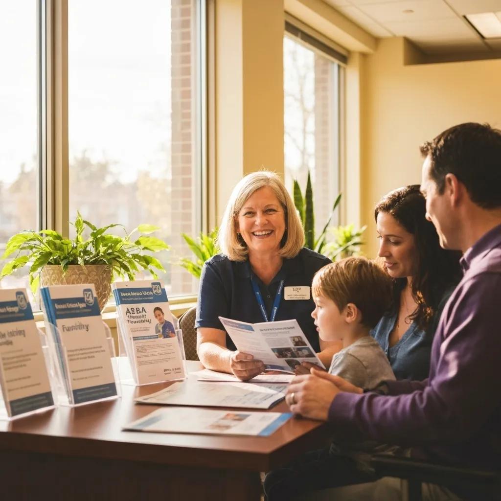 A scene at a Maryland Medicaid office where staff are assisting a family, illustrating the support available for ABA therapy funding